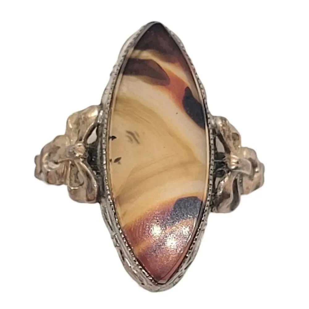 Vintage Banded Agate Ring 10K Gold Sterling Silver Marquise Statement
